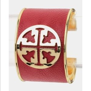 Tory burch Leather Monogram Cuff Bracelet in red